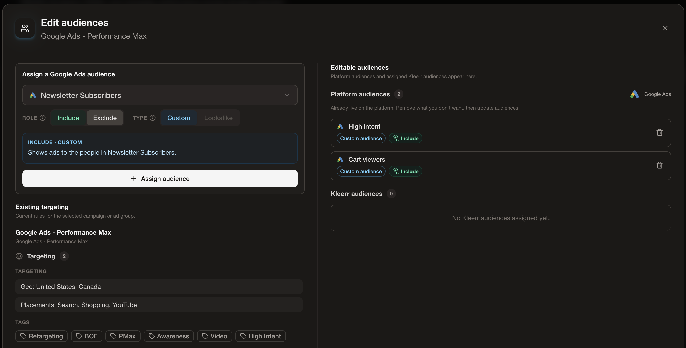 Kleerr audience controls for inclusions, exclusions, and connected ad-platform audiences