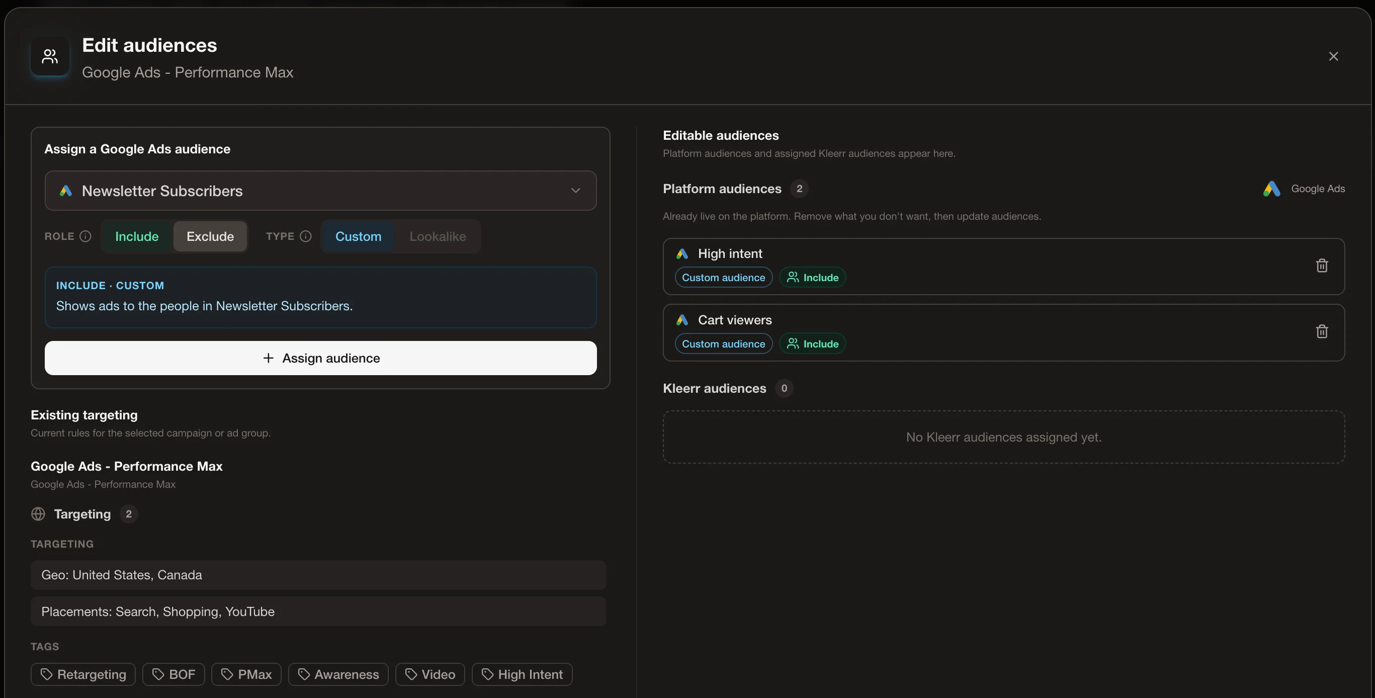 Kleerr audience controls for inclusions, exclusions, and connected ad-platform audiences
