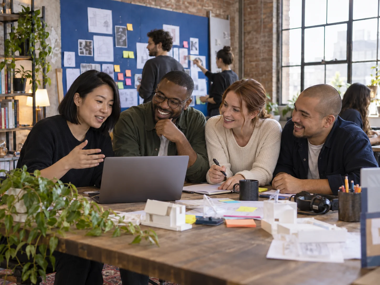 A software startup team collaborating on their product in a lively studio.