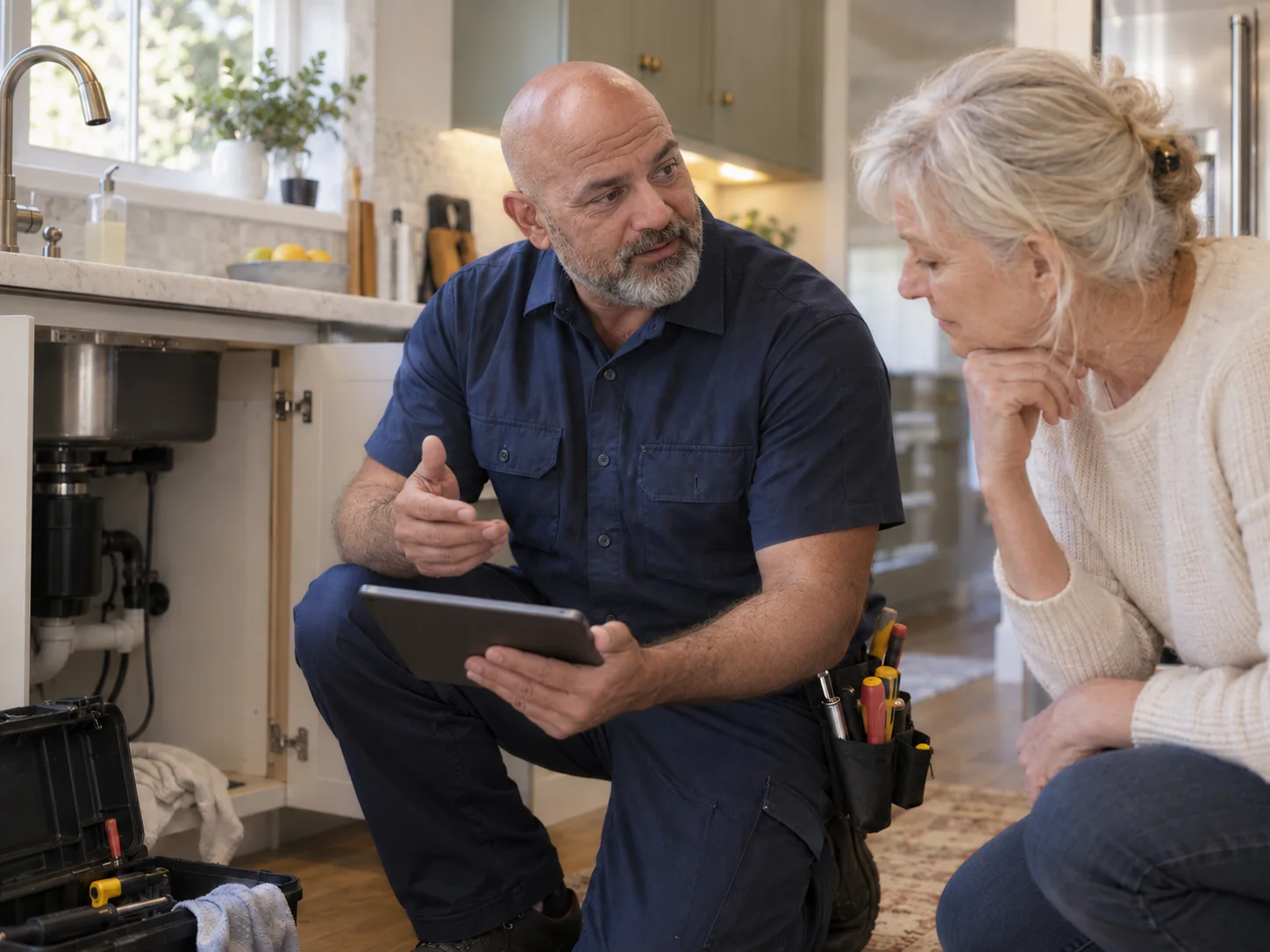 A home-service technician discussing a job with a customer.