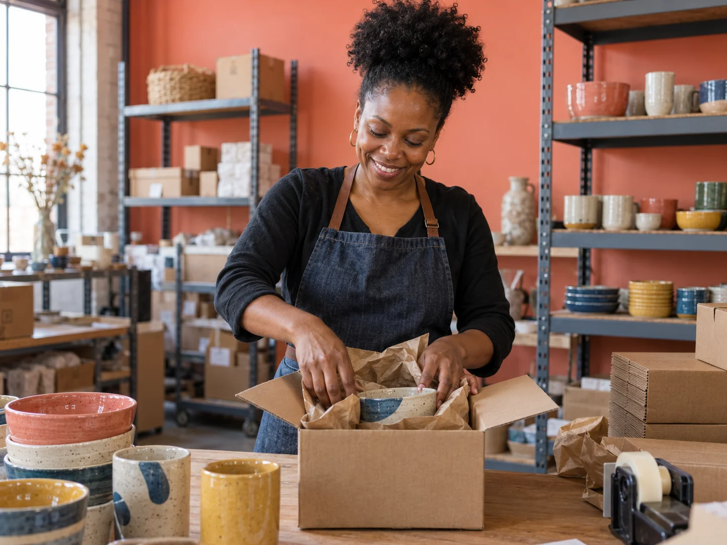 An ecommerce business owner preparing customer orders.