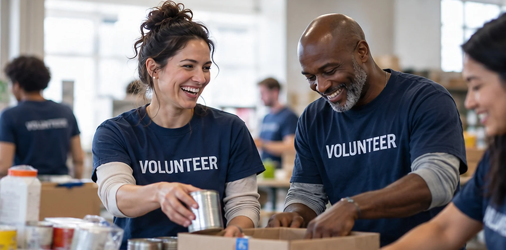 Volunteers packing food donations together at a community organization.