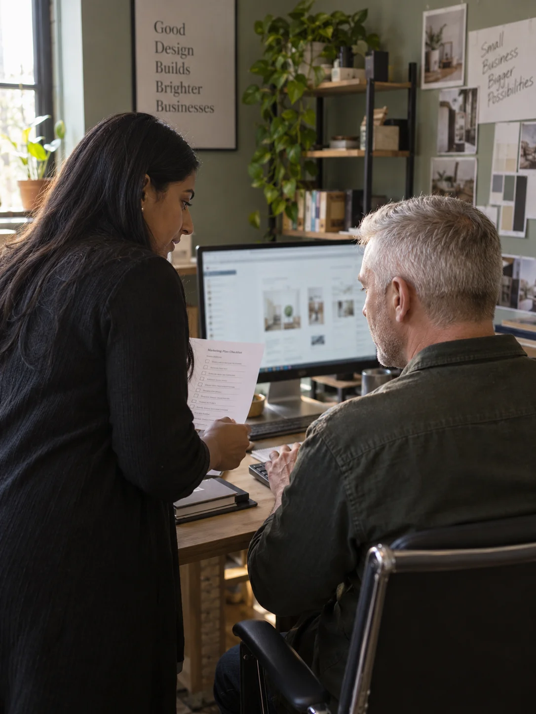 A marketing coach guiding a business owner at his own workstation.